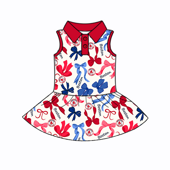 (Custom Design Preorder MOQ 5 Each Color) Team's Boston Bows Print Girls Summer Clothes Sisters Matching Wear