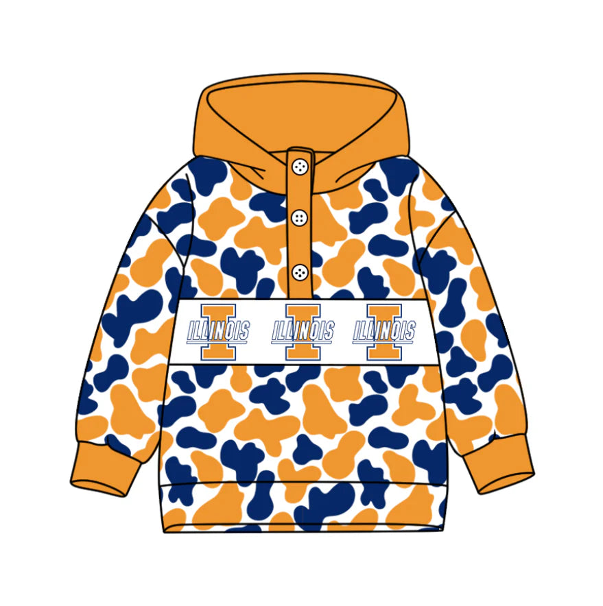 (Custom Design Preorder MOQ 5) Team's Illinois Camo Print Kids Long Sleeve Buttons Hoodie Top