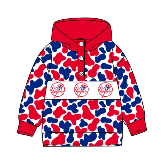 (Custom Design Preorder MOQ 5) Team's New York Yankees Camo Print Kids Long Sleeve Buttons Hoodie Top