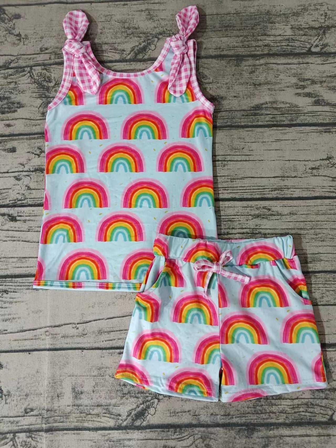 (Custom Design Preorder MOQ 5) Rainbow Print Girls Summer Clothes Set