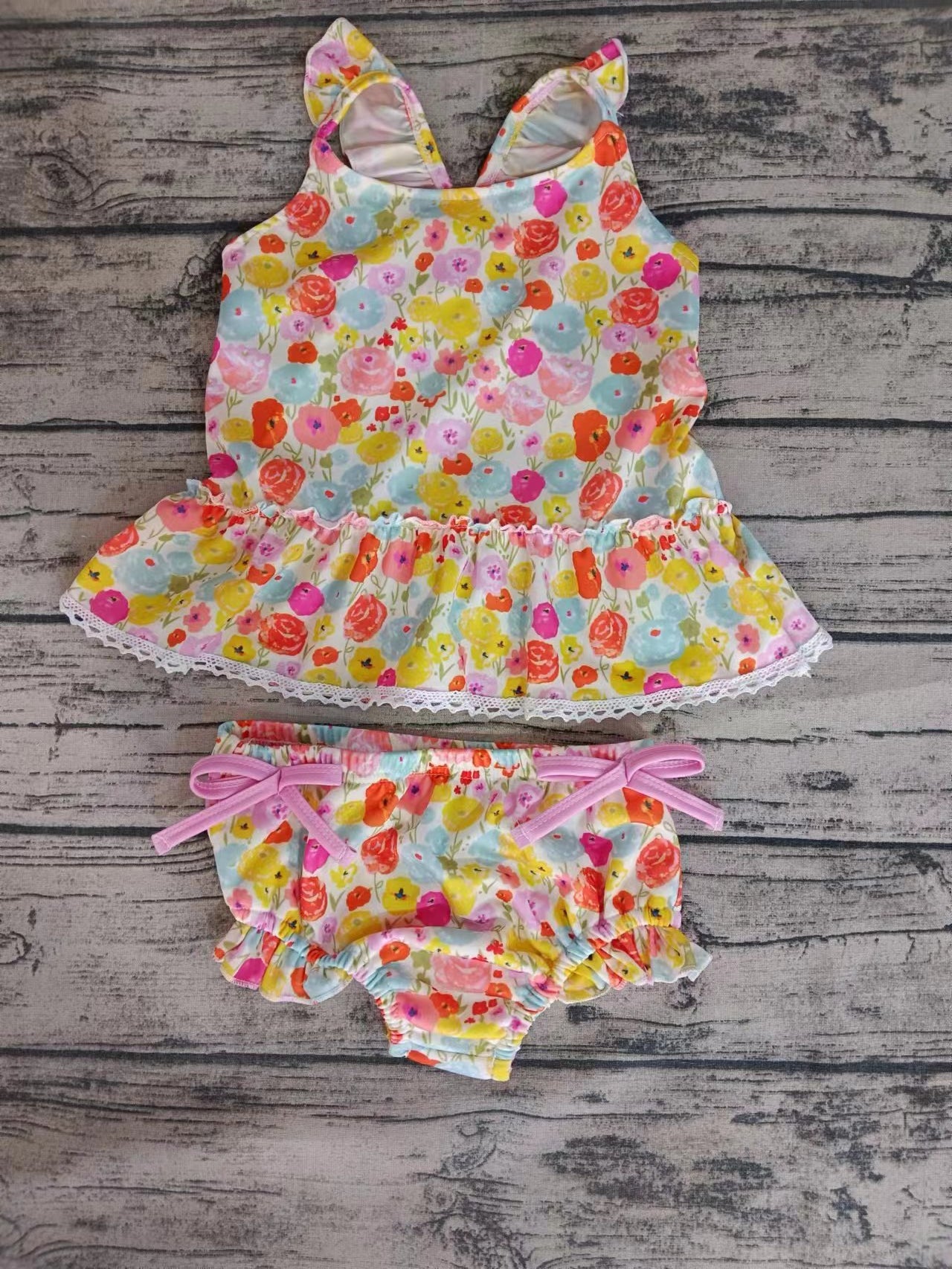 (Custom Design Preorder MOQ 5) Colorful Flowers Print Girls 2 Pieces Swimsuits