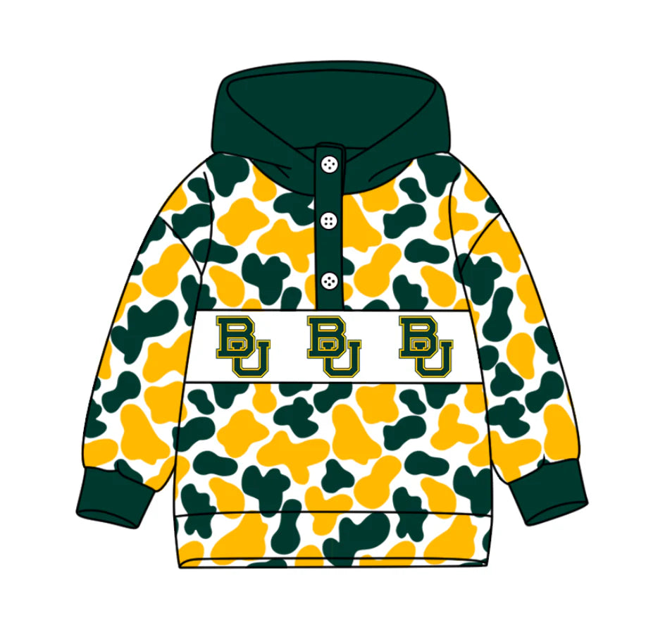(Custom Design Preorder MOQ 5) Team's Baylor Camo Print Kids Long Sleeve Buttons Hoodie Top