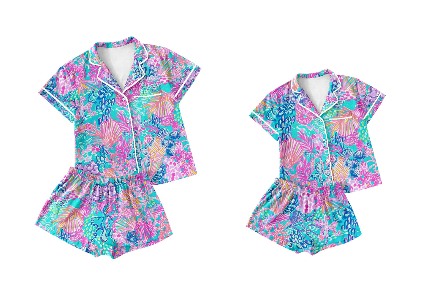 12.10(Custom Design Preorder MOQ 5 Each Design) Seaweed Pink Print Buttons Pajamas Sets Mom and Me Summer Matching Clothes