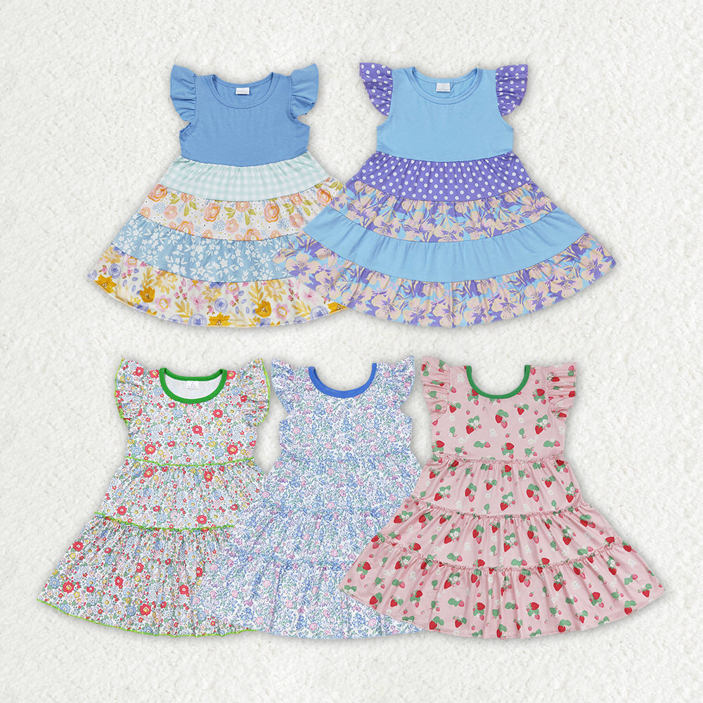 Flowers Print Girls Flutter Sleeve Summer Knee Length Dress Sisters Wear