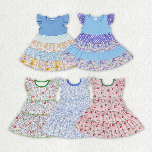 Flowers Print Girls Flutter Sleeve Summer Knee Length Dress Sisters Wear