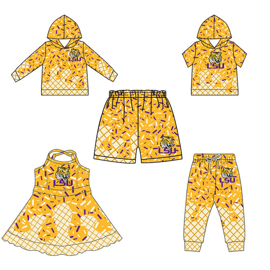(Custom Design Preorder MOQ 5 Each Item)Team's LSU Tigers Sprinkles Print Sibling Matching Clothes