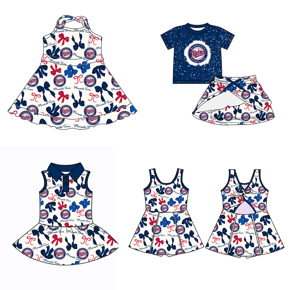 (Custom Design Preorder MOQ 5 Each Color) Team's Minnesota Twins Bows Print Girls Summer Clothes Sisters Matching Wear