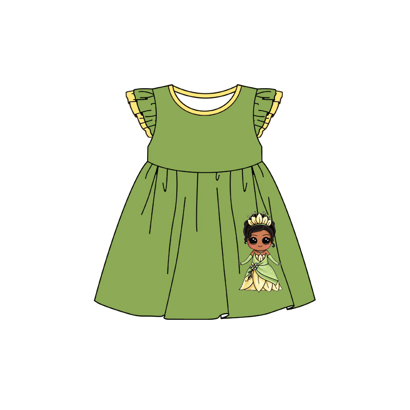 (Custom Design Preorder MOQ 5) Cartoon Princess Green Print Girls Summer Dress