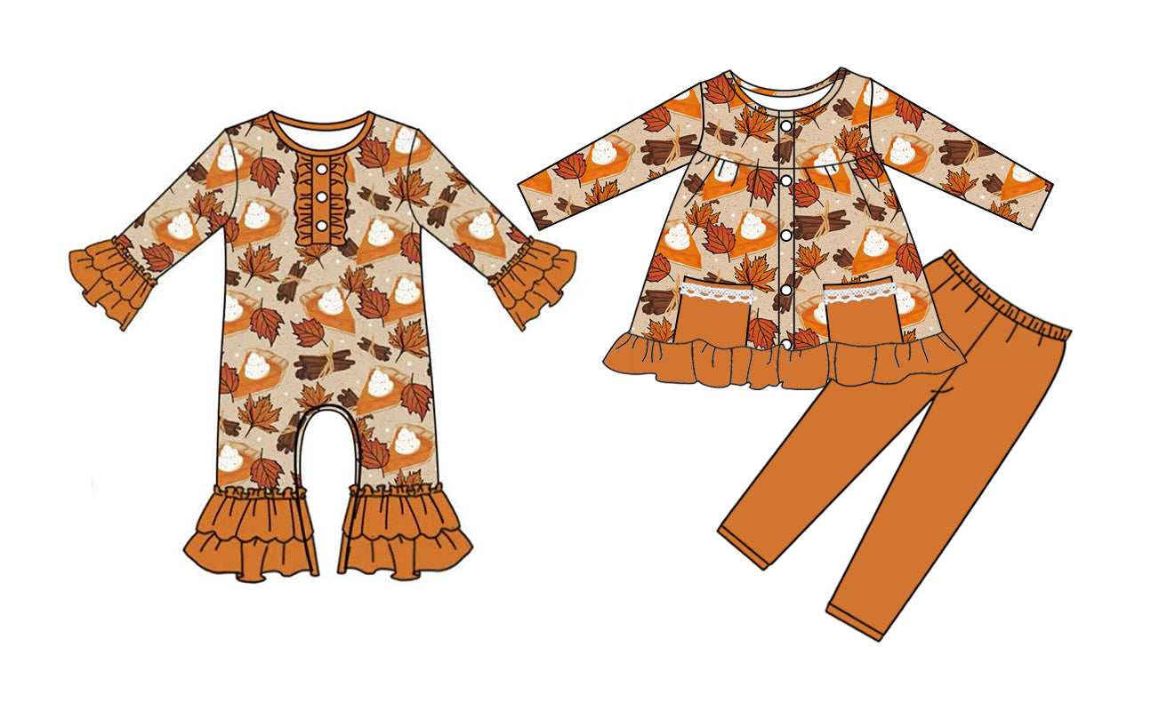 (Custom Design Preorder MOQ 5 Each Design) Pie Leaf Print Girls Fall Matching Clothes Sisters Wear
