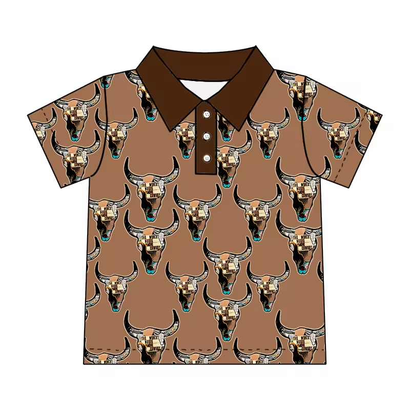 (Custom Design Preorder MOQ 5) Brown Cows Print Boys Summer Western Polo Tee Shirts Top