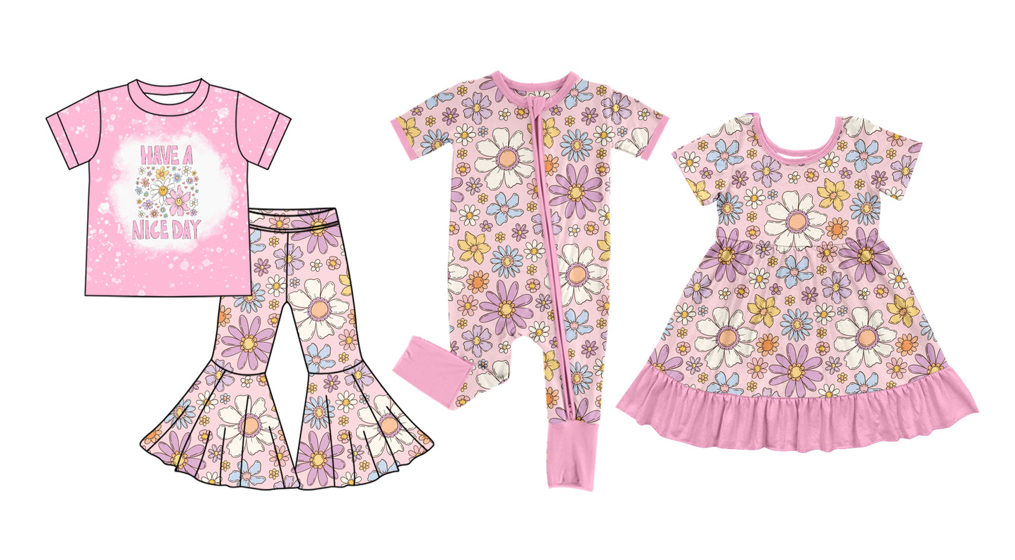 1.4(Custom Design Preorder MOQ 5 Each Design) Pink Flowers Print Girls Spring Matching Clothes Sisters Wear