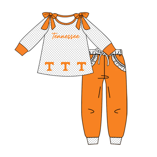 (Custom Design Preorder MOQ 5) Team's Tennessee Print Pockets Pants Girls Fall Clothes Set