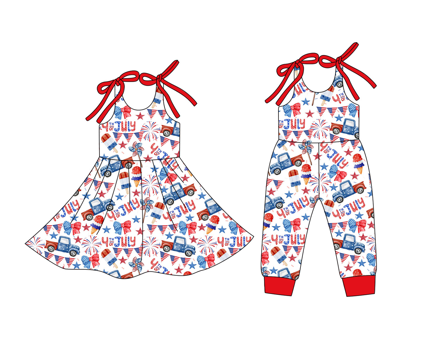 12.24 (Custom Design Preorder MOQ 5 Each Design) Popsicle Trucks Stars Bows Print Girls 4th of July Matching Clothes Sisters Wear