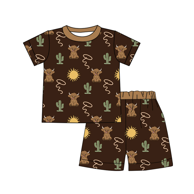 (Custom Design Preorder MOQ 20) Highland Cow Cactus Print Kids Summer Bamboo Pajamas Clothes Set