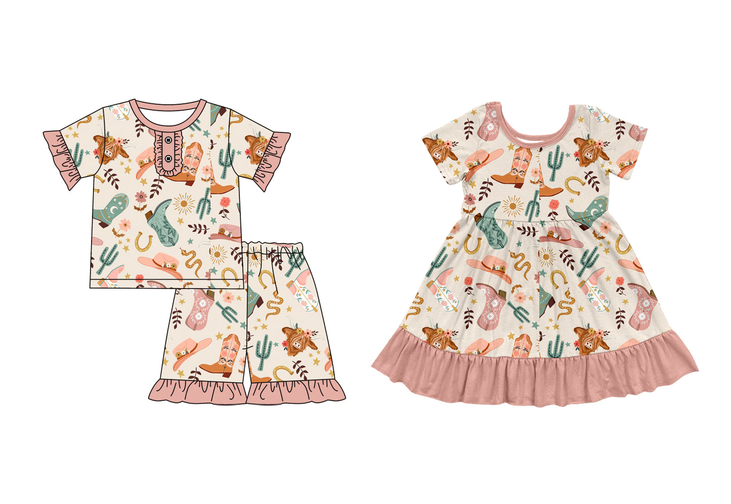 3.31(Custom Design Preorder MOQ 5 Each Design) Boots Hat Cows Flowers Print Girls Summer Matching Clothes Sisters Wear