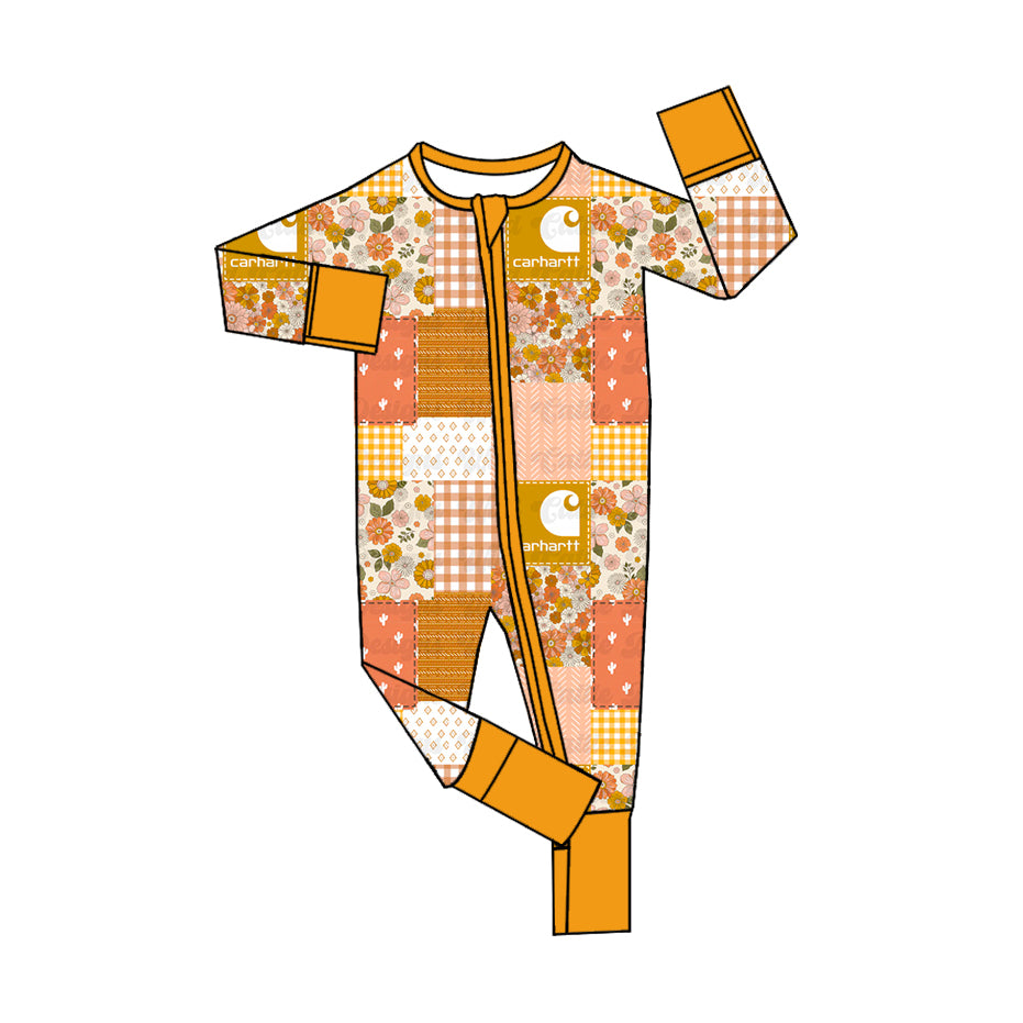 (Custom Design Preorder MOQ 20) Mustard Flowers Shopping Print Baby Girls Fall Bamboo Sleeper Zipper Romper