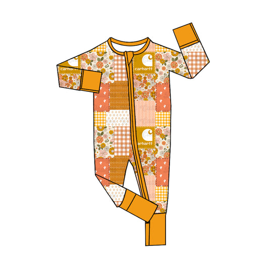 (Custom Design Preorder MOQ 20)  Mustard Flowers Shopping Print Baby Girls Fall Bamboo Sleeper Zipper Romper