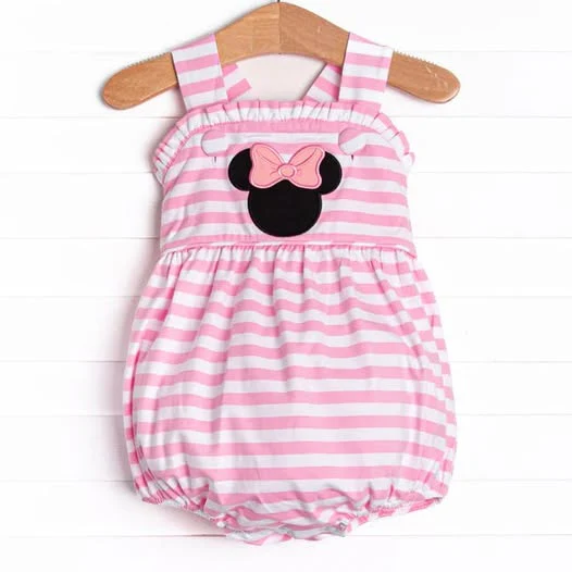(Custom Design Preorder MOQ 5) Cartoon Mouse Pink Stripes Print Baby Girls Summer Bubble Romper
