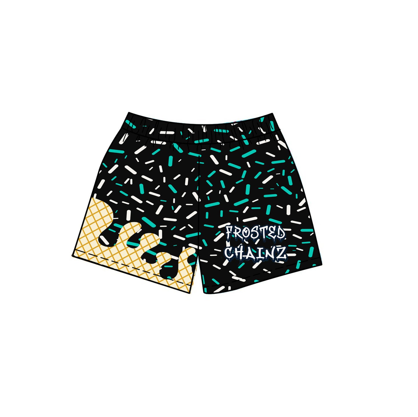 (Custom Design Preorder MOQ 5) Team's FROSTED CHAINZ Black Sprinkles Print Kids Summer Swim Trunks