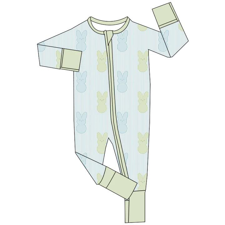 (Custom Design Preorder MOQ 5) Blue Green Bunny Print Baby Boys Easter Zipper Sleeper Romper
