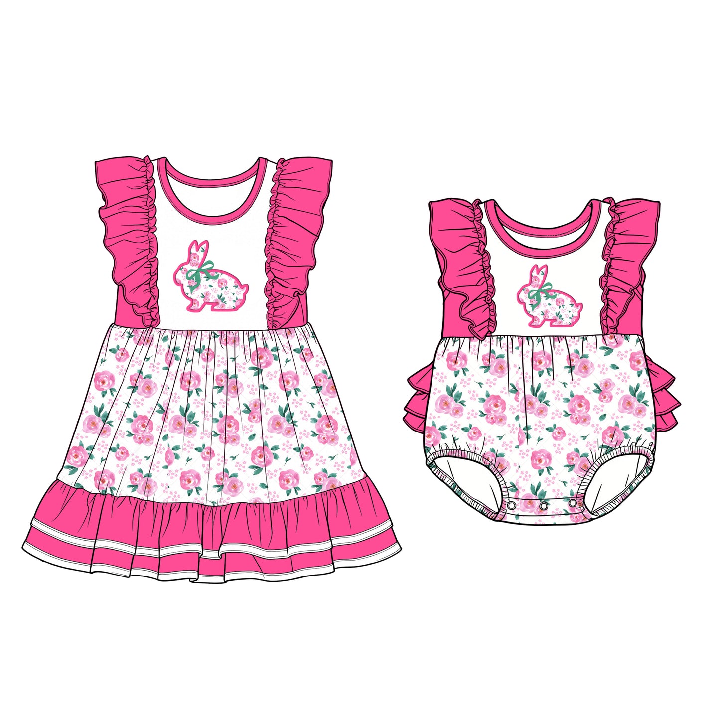 12.10 (Custom Design Preorder MOQ 5 Each Design) Pink Flowers Bunny Print Girls Easter Matching Clothes Sisters Wear