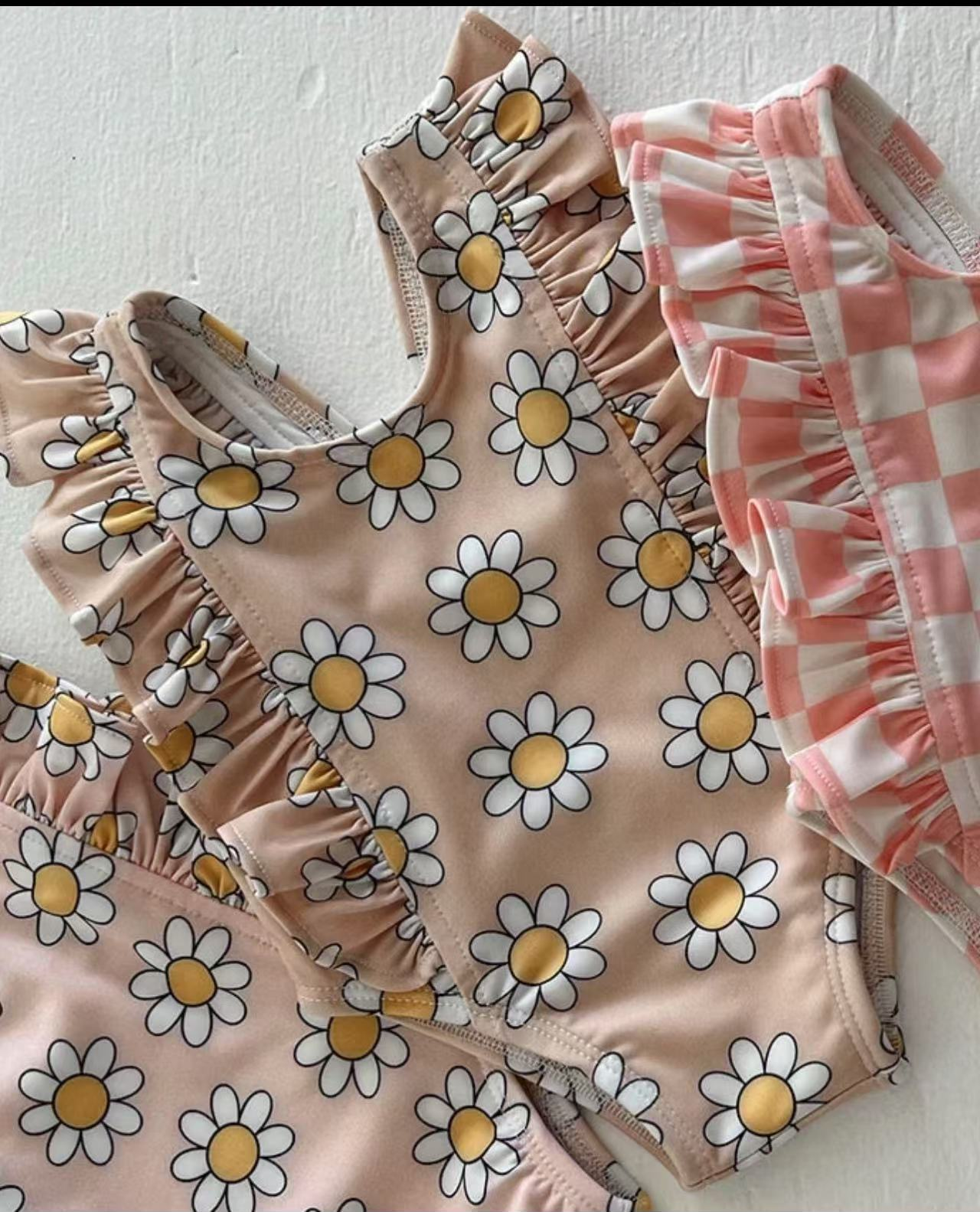 (Custom Design Preorder MOQ 5) Khaki Flowers Print Ruffle Girls 1 Piece Swimsuits