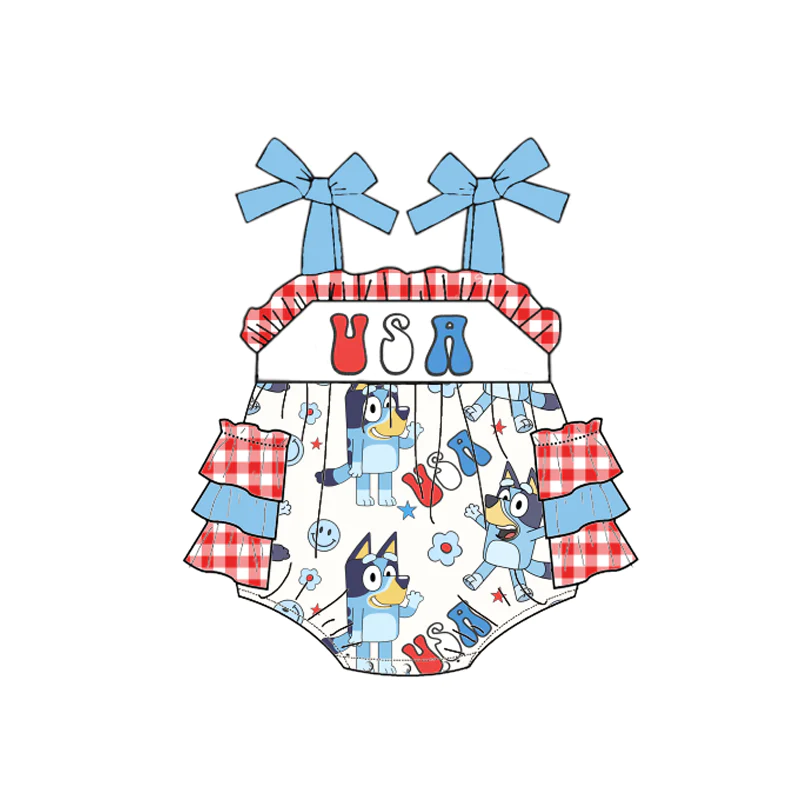 (Custom Design Preorder MOQ 5) Cartoon Dog Flag USA Print Baby Girls 4th of July Strap Romper