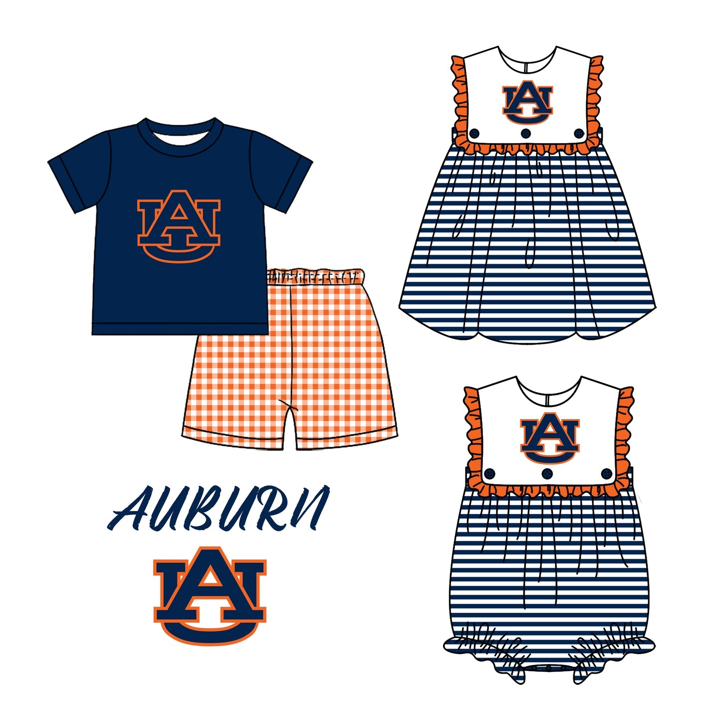 (Custom Design Preorder MOQ 5 Each Design) Team's Auburn Print Kids Summer Matching Clothes Sibling Wear