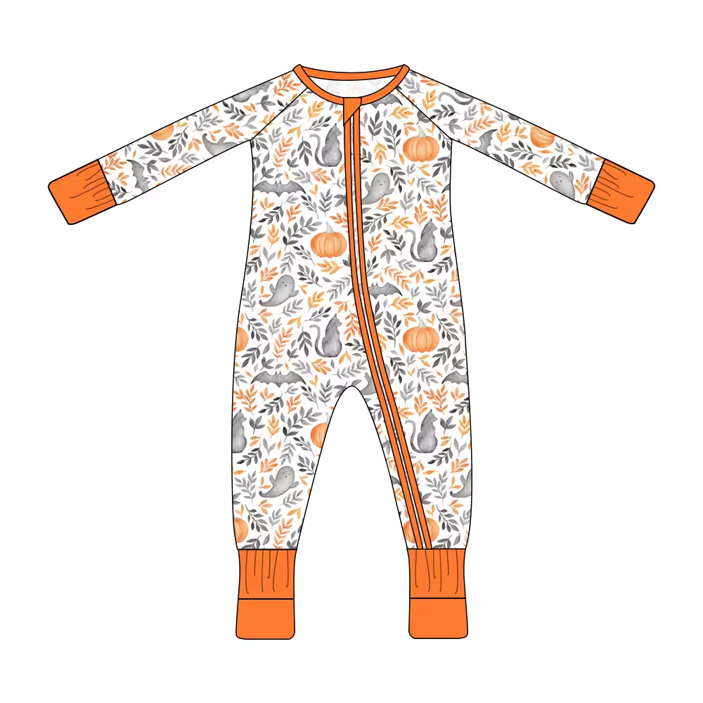 (Custom Design Preorder MOQ 5) Ghost Pumpkin Print Baby Girls Halloween Sleeper Zipper Romper