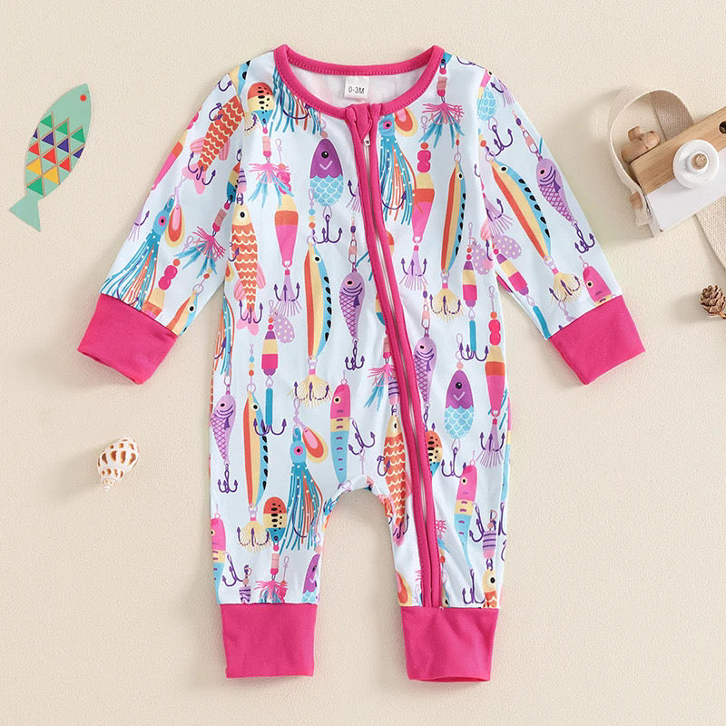 (Custom Design Preorder MOQ 20) Fishing Pink Print Baby Girls Bamboo Sleeper Zipper Romper