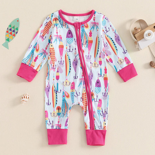 (Custom Design Preorder MOQ 20)  Fishing Pink Print Baby Girls Bamboo Sleeper Zipper Romper