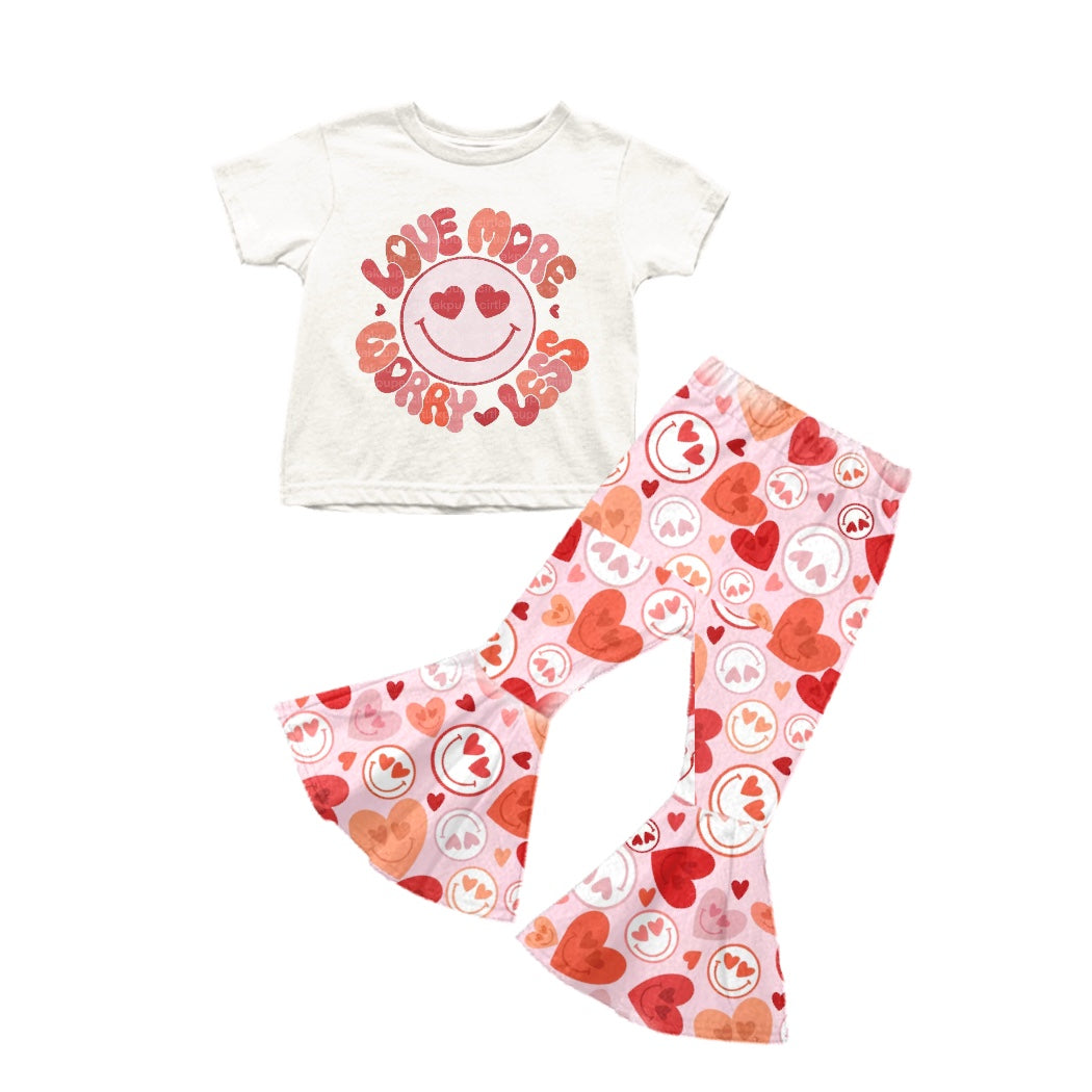 (Custom Design Preorder MOQ 5) Love More Heart Smiling Face Print Bell Pants Girls Valentine's Clothes Set