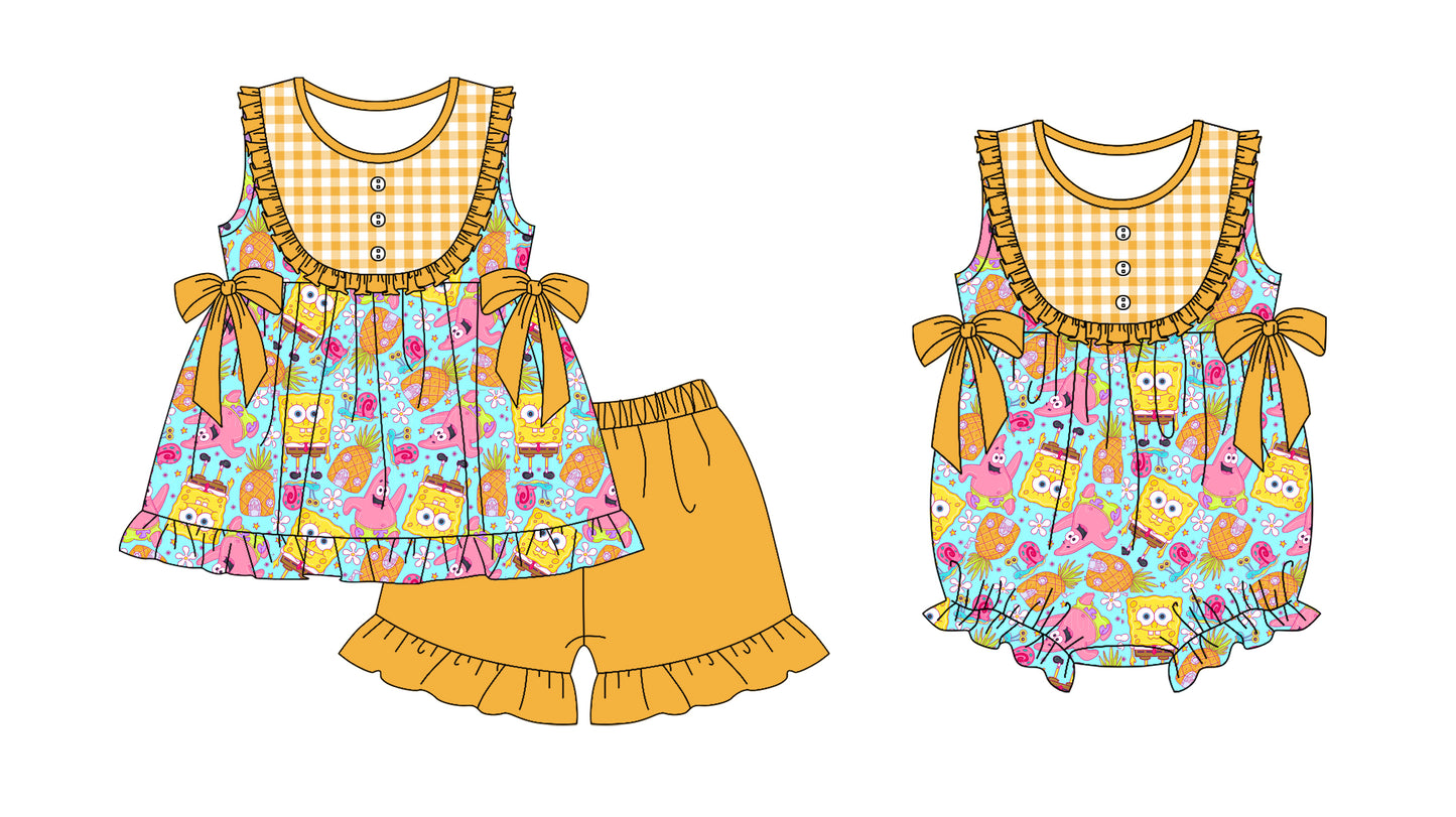 12.9(Custom Design Preorder MOQ 5 Each Design) Cartoon Pineapple Flowers Print Girls Summer Matching Clothes Sisters Wear