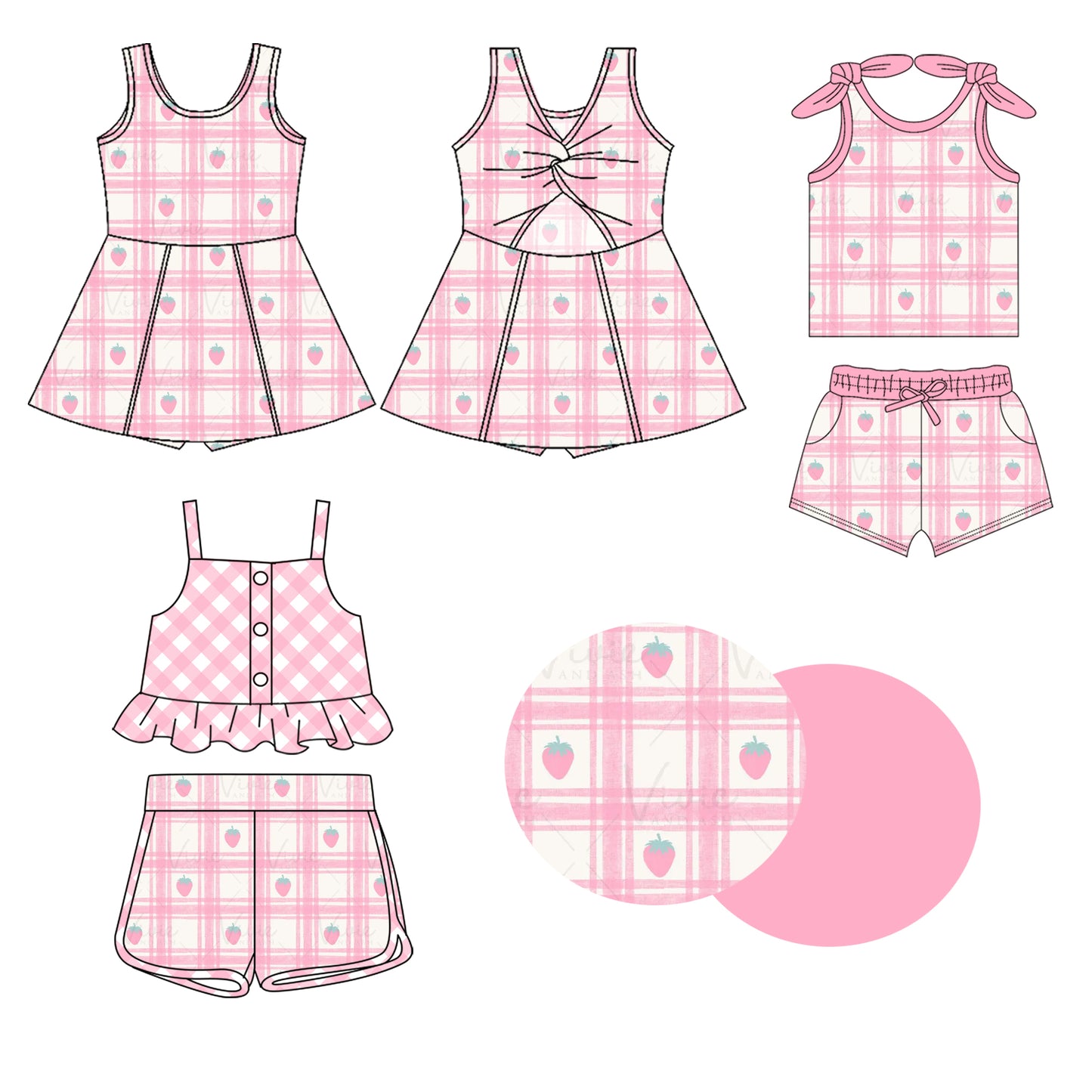 2.7(Custom Design Preorder MOQ 5 Each Design) Strawberry Pink Plaid Print Girls Summer Matching Clothes Sisters Wear