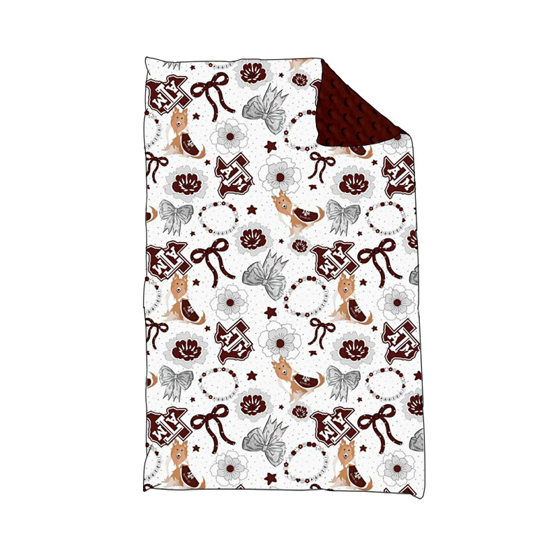 (Custom Design Preorder MOQ 5) Team's TEXAS A&M Flowers Bows Dog Print Baby Minky Blanket