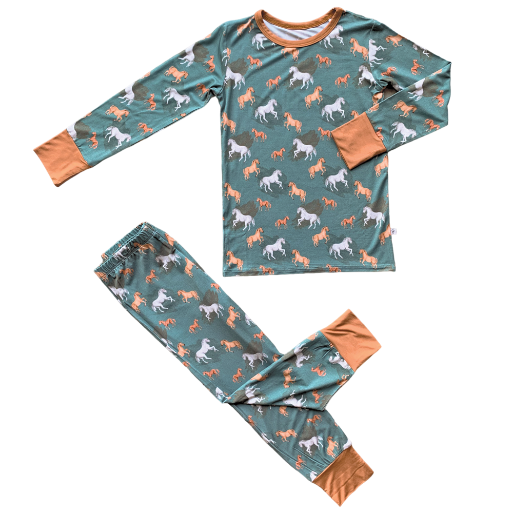(Custom Design Preorder MOQ 5) Horse Print Boys Bamboo Pajamas Clothes Set