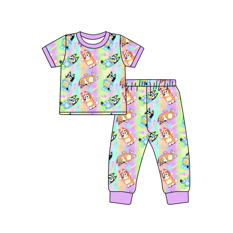 (Custom Design Preorder MOQ 5)Cartoon Dog Tie-dye Print Girls Pajamas Clothes Set