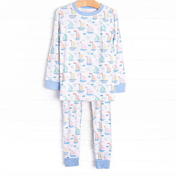 (Custom Design Preorder MOQ 5) Sailboat Print Boys Pajamas Clothes Set