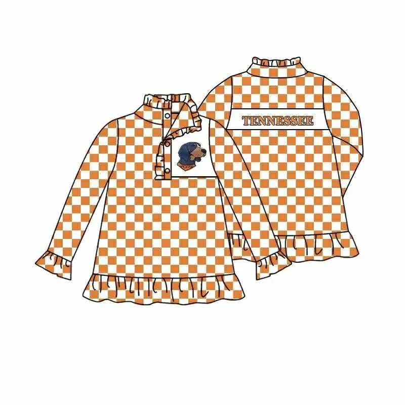 (Custom Design Preorder MOQ 5) Team's Orange Tennessee Plaid Print Girls Long Sleeve Buttons Pullover Top