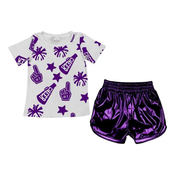 (Custom Design Preorder MOQ 5) Cheer Top Purple Pocket Pleather Elastic Shorts Girls Summer Clothes Set
