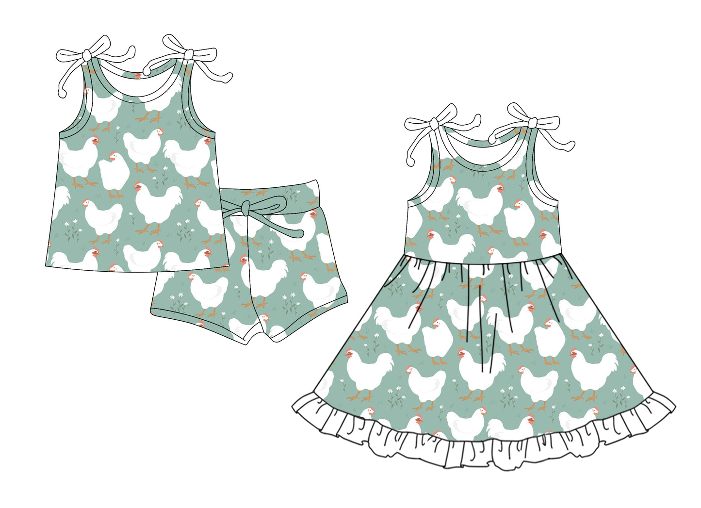 4.14(Custom Design Preorder MOQ 5 Each Design) Chicken Flowers Print Girls Summer Matching Clothes Sisters Wear