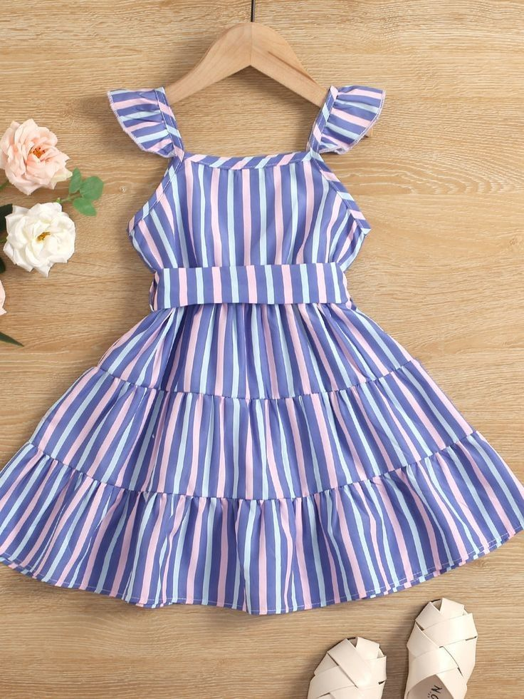 (Custom Design Preorder MOQ 5) Purple Stripes Print Girls Knee Length Summer Dress