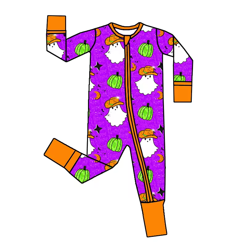 (Custom Design Preorder MOQ 5) Cowboy Ghost Purple Print Baby Halloween Zipper Sleeper Western Romper