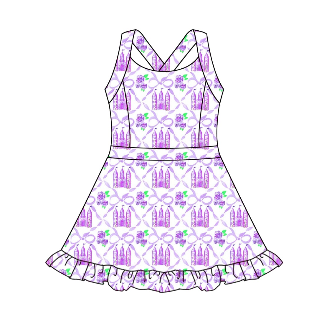 (Custom Design Preorder MOQ 5) Purple Castle Bows Print Girls Summer Yoga Dress
