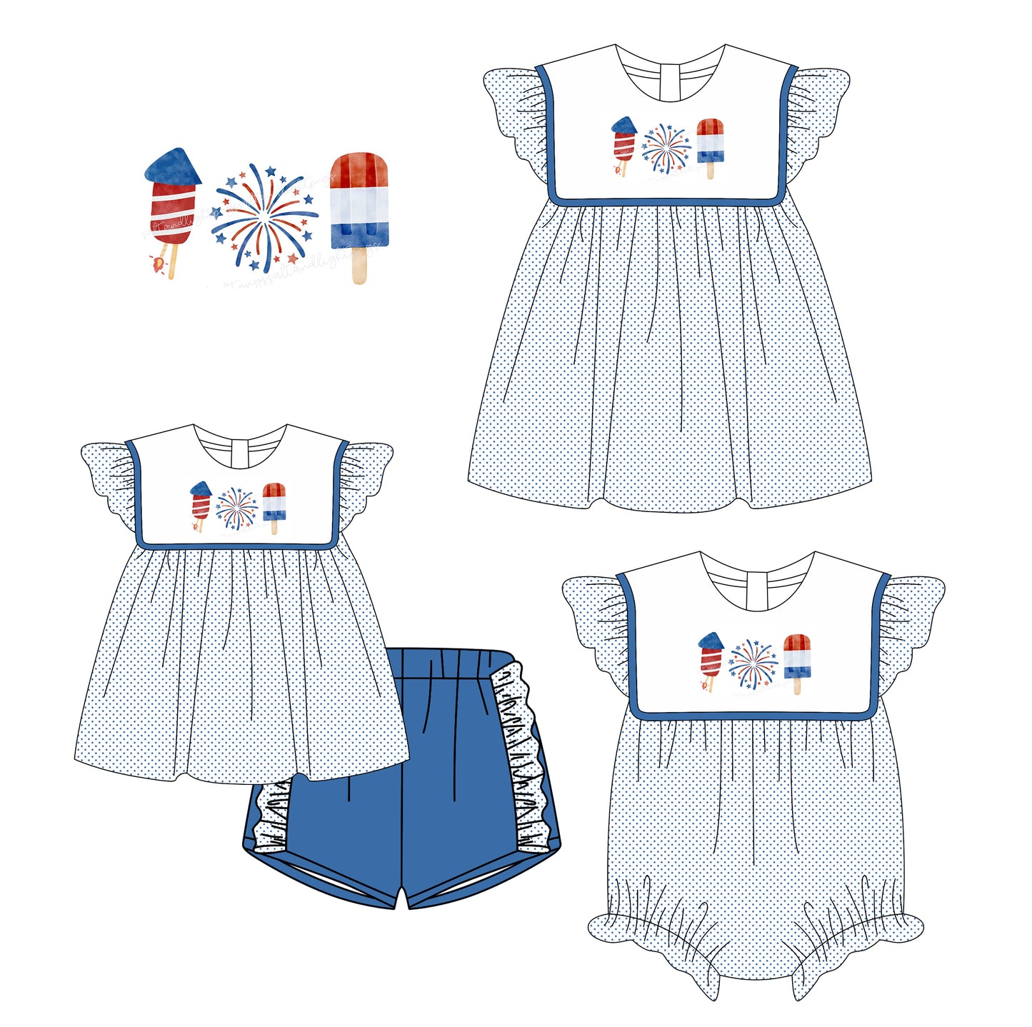 3.6(Custom Design Preorder MOQ 5 Each Design) Fireworks Popsicles Print Girls 4th of July Matching Clothes Sisters Wear