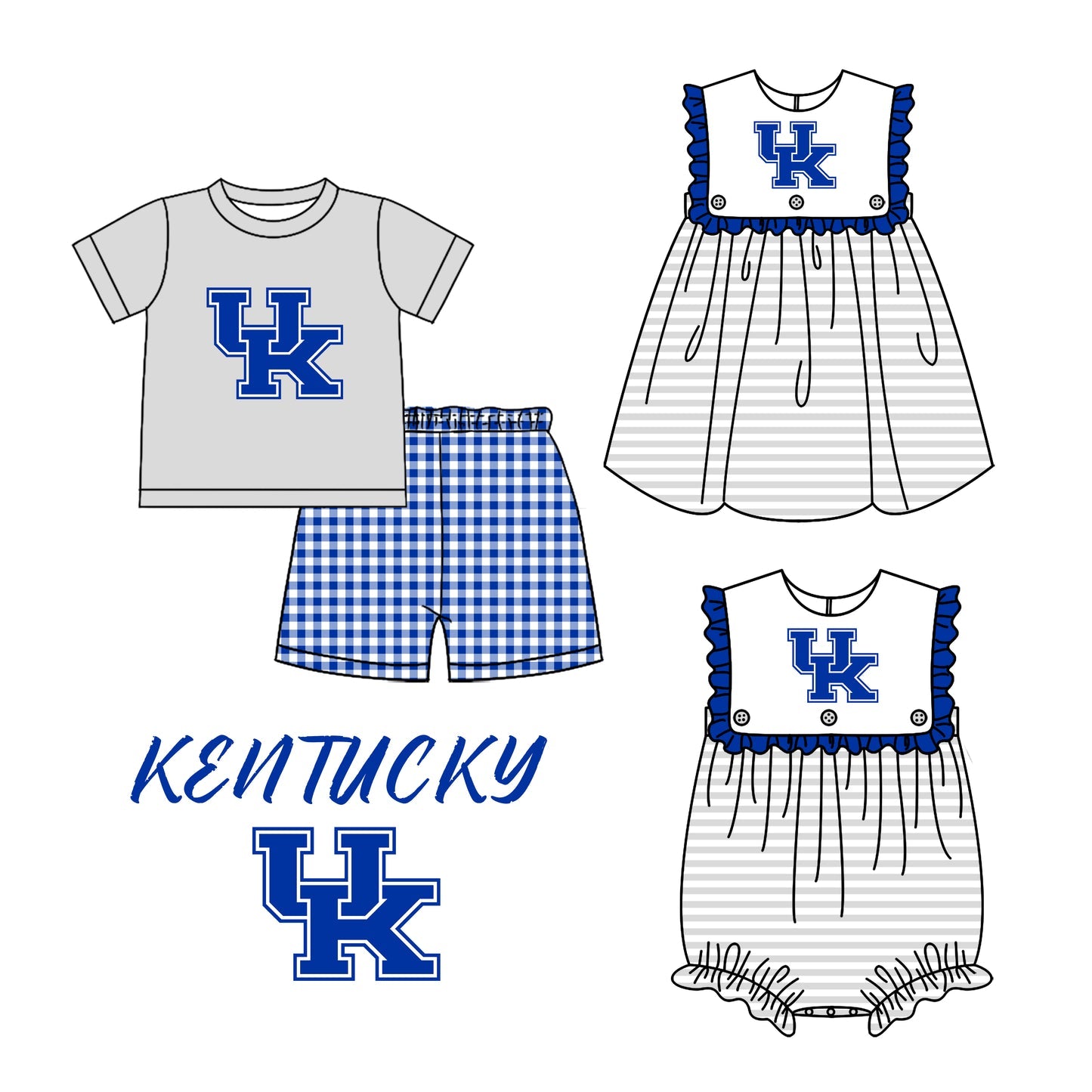 (Custom Design Preorder MOQ 5 Each Design) Team's Kentucky Print Kids Summer Matching Clothes Sibling Wear