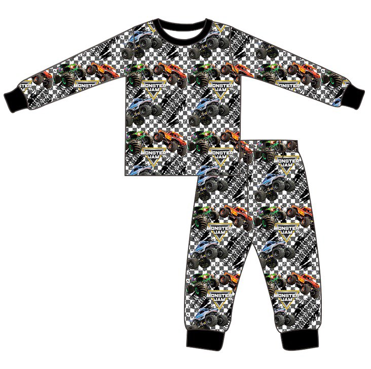(Custom Design Preorder MOQ 5) Monster Plaid Print Boys Pajamas Clothes Set