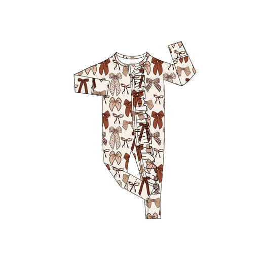 (Custom Design Preorder MOQ 5) Brown Bows Print Baby Girls Fall Sleeper Zipper Romper
