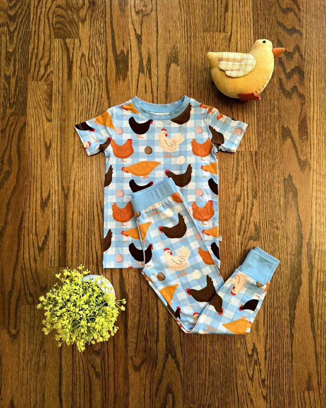 (Custom Design Preorder MOQ 5) Chicken Eggs Blue Plaid Print Kids Pajamas Clothes Set