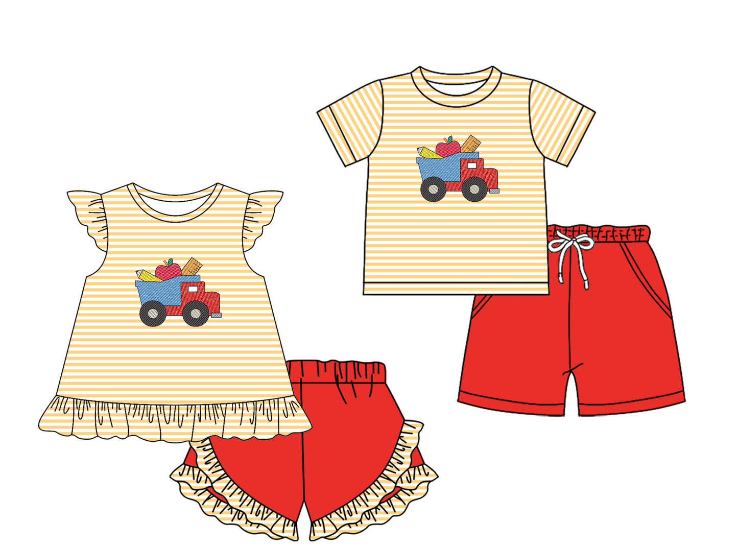 2.7(Custom Design Preorder MOQ 5 Each Design) Truck Apple Stripes Print Kids Back to School Matching Clothes Sibling Wear